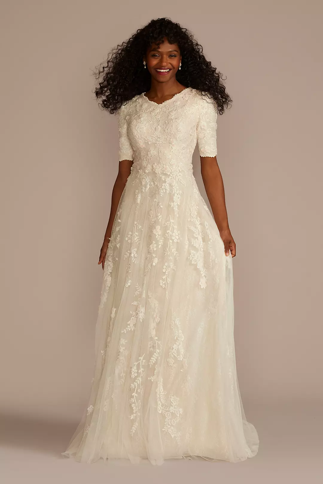 Beaded Lace Elbow Sleeve Modest Wedding Dress - Image 16