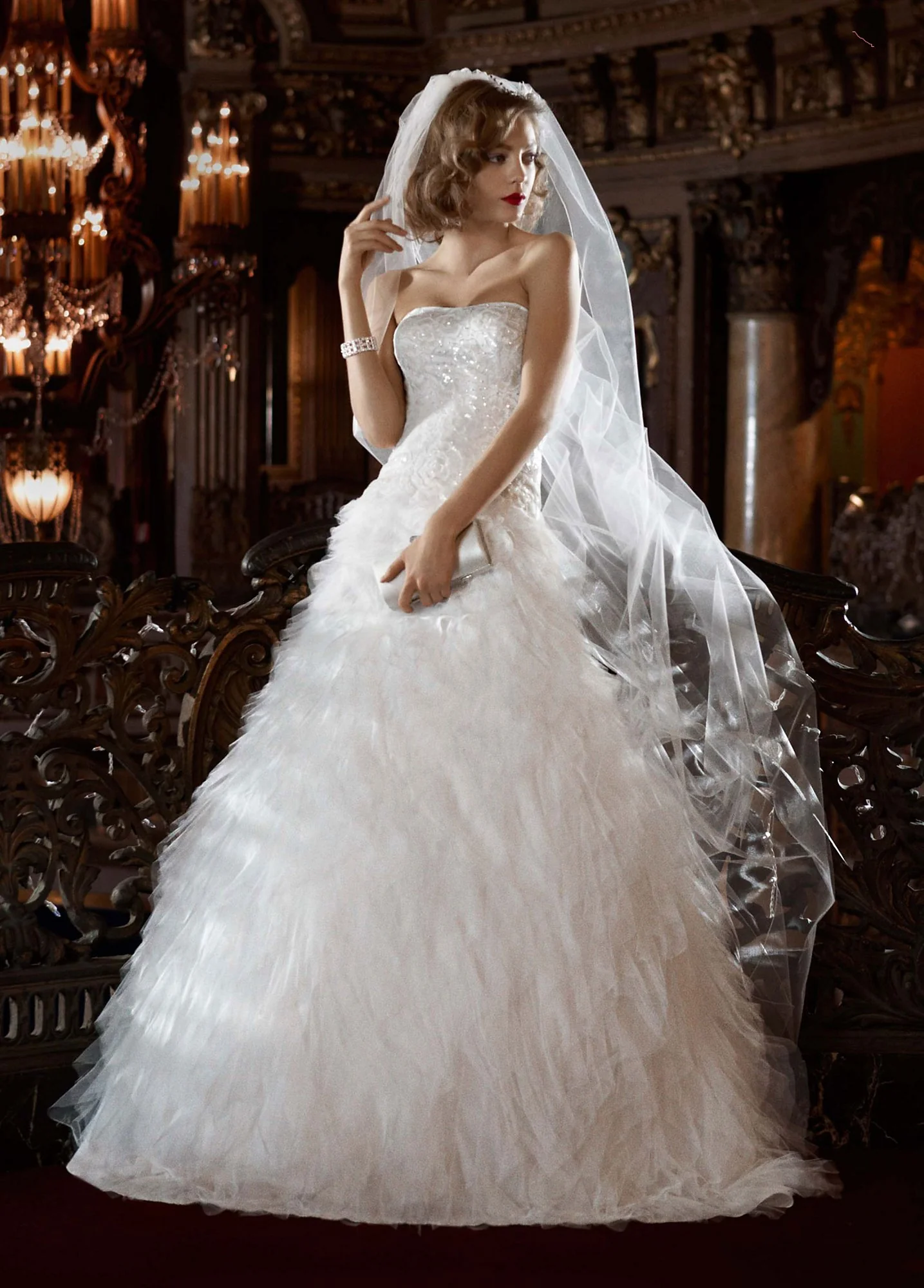 Beaded Lace Gown with Feathery Tulle Skirt