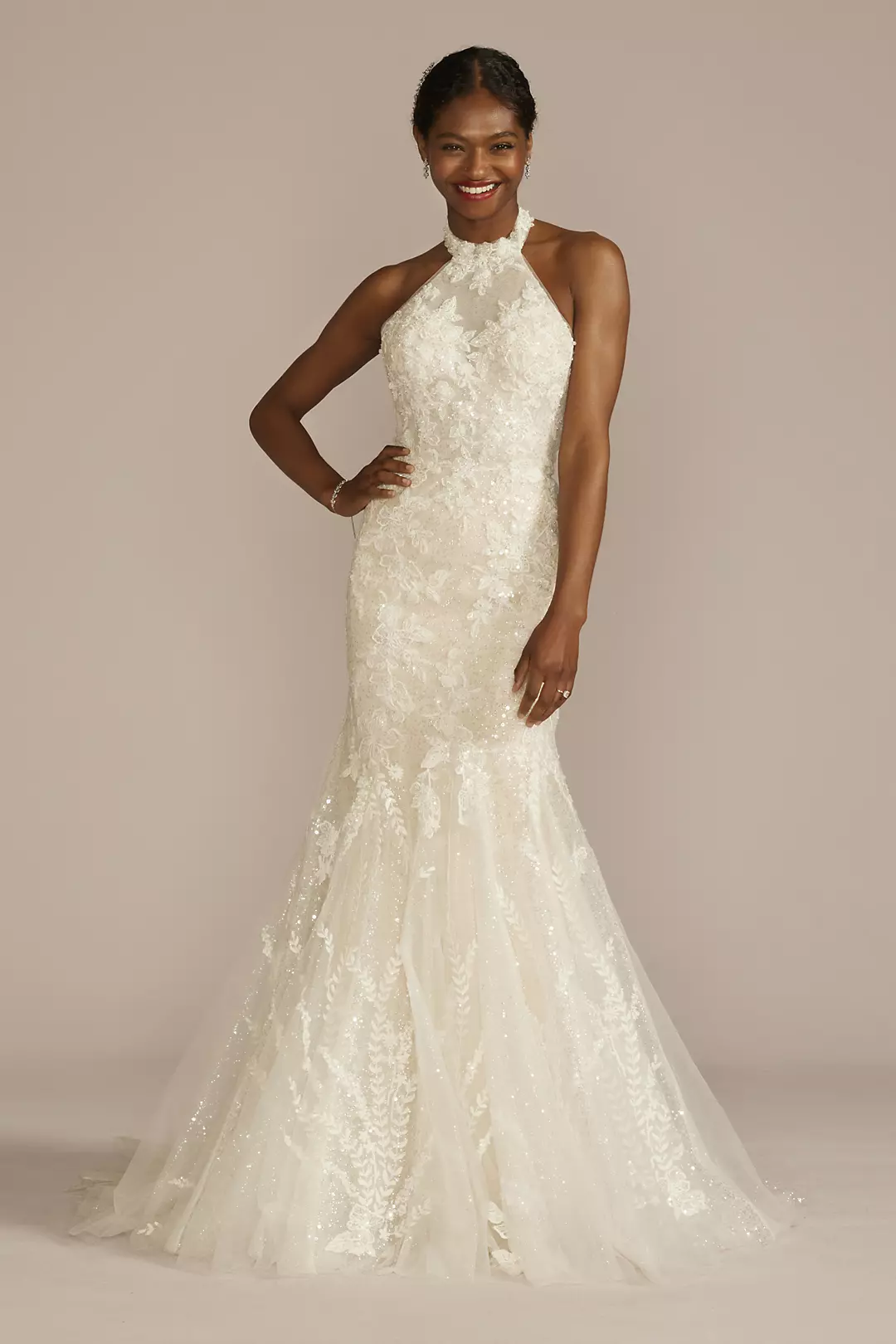 Beaded Lace High Neck Halter Mermaid Wedding Dress - Image 9