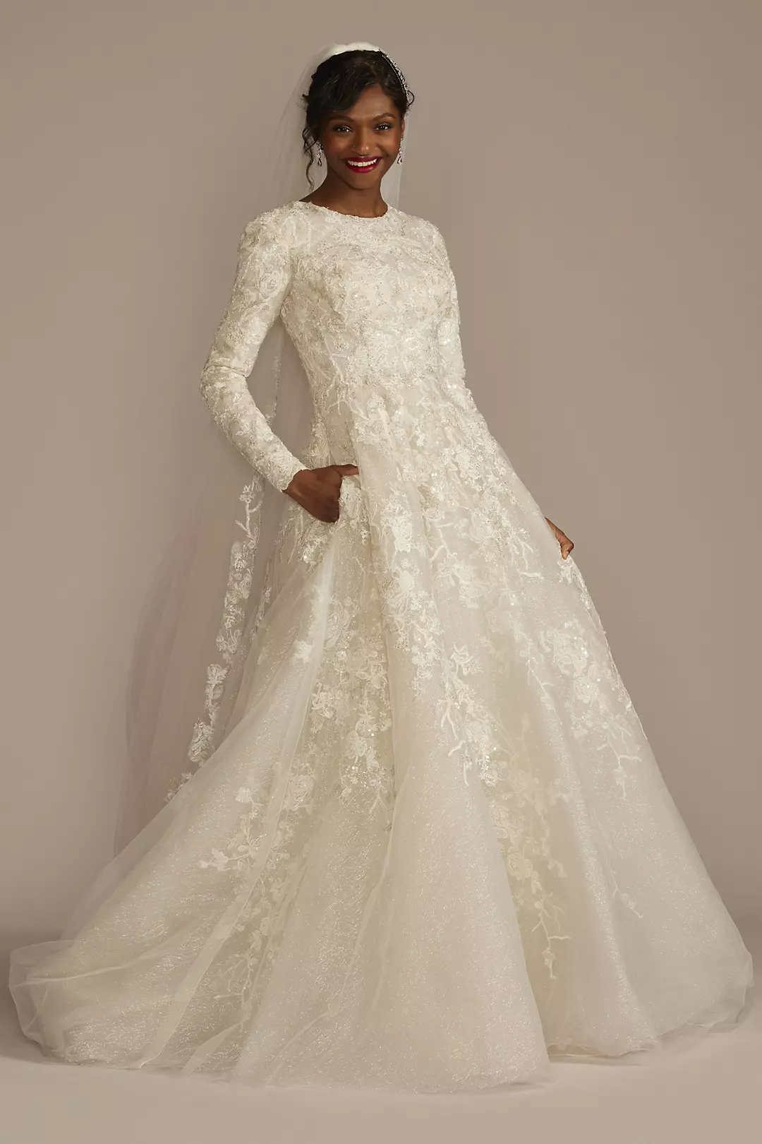 Beaded Lace Long Sleeve Modest Wedding Dress - Image 4