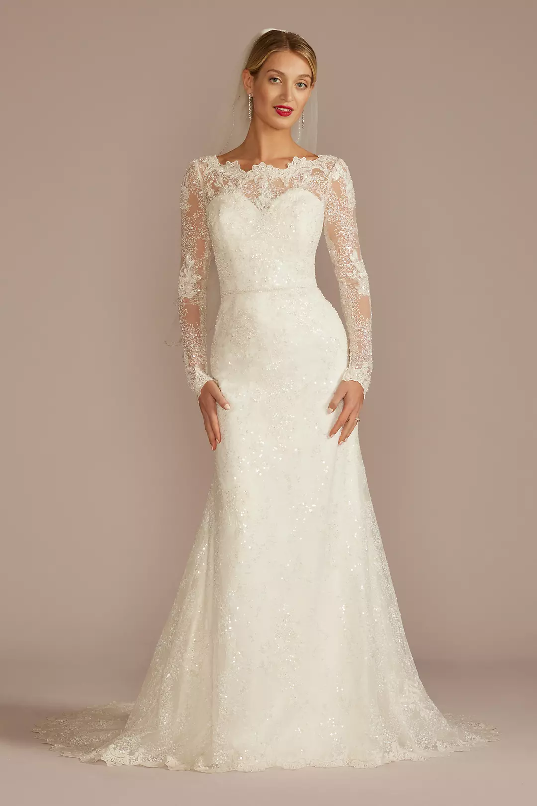 Beaded Lace Long Sleeve Sheath Wedding Dress - Image 8