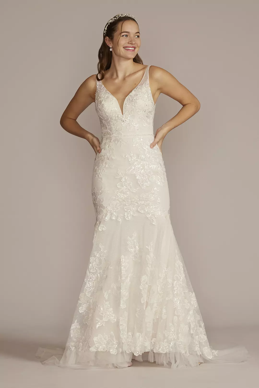 Beaded Lace Mermaid Wedding Gown with Ruffle Hem - Image 6