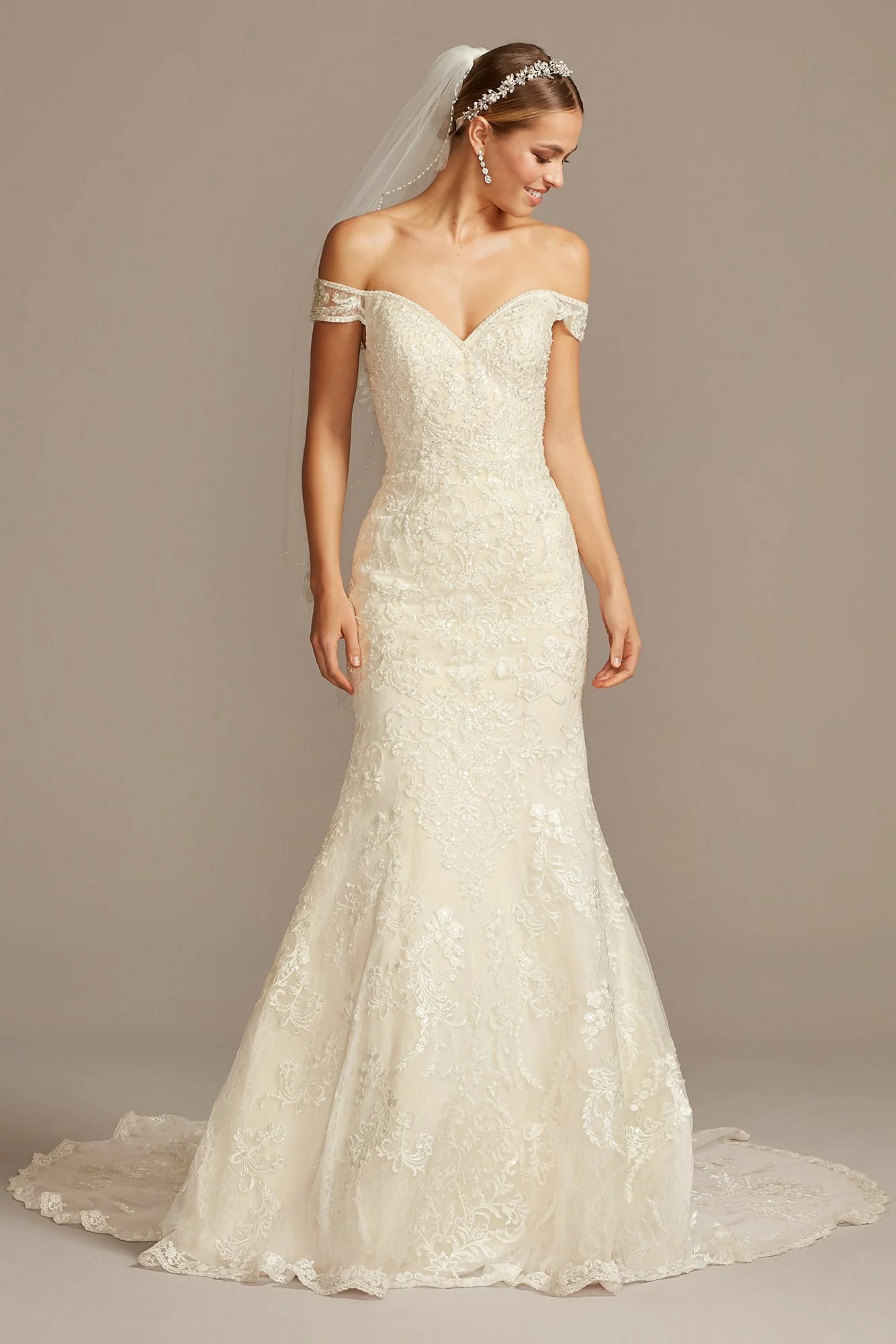 Beaded Lace Off Shoulder Wedding Dress - Image 10