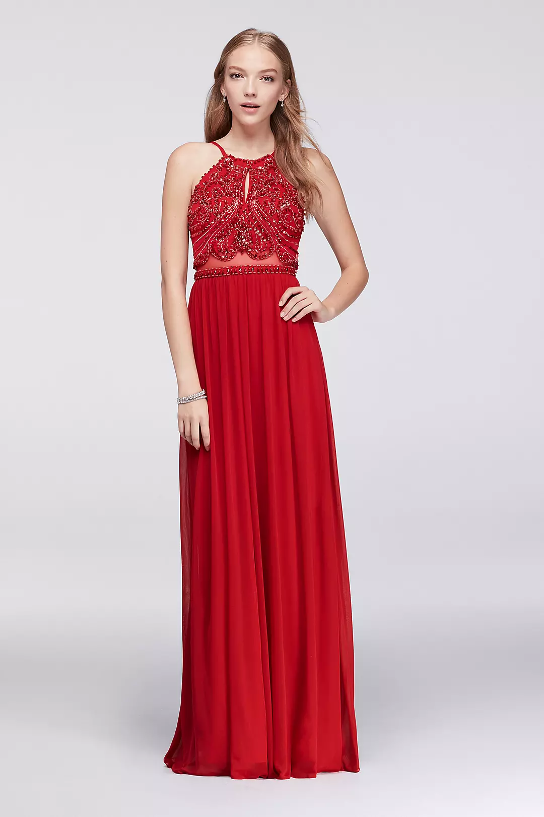 Beaded Mesh Halter Gown with Illusion Waist - Image 3