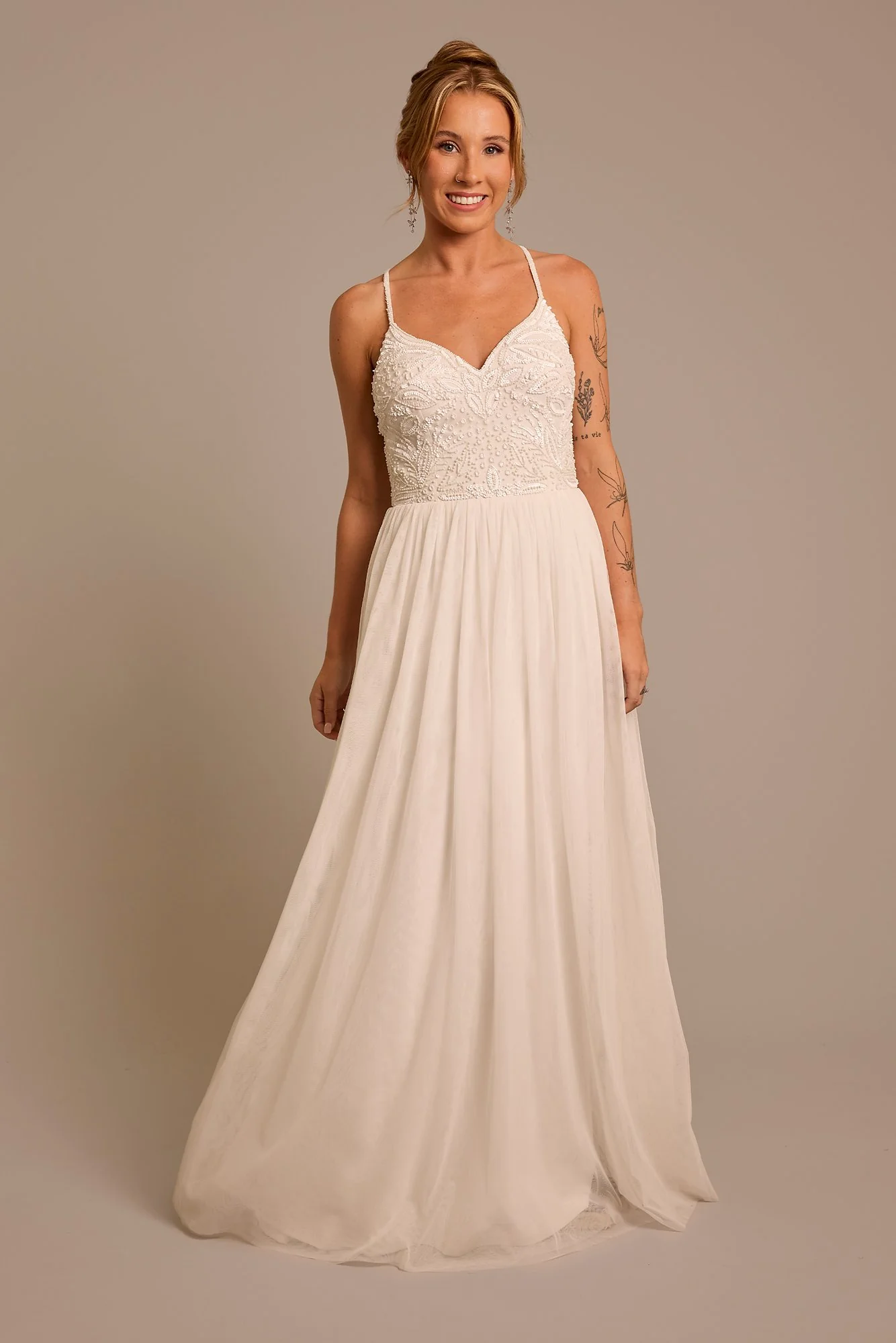 Beaded Mesh Spaghetti Strap A-Line Wedding Dress - Image 3