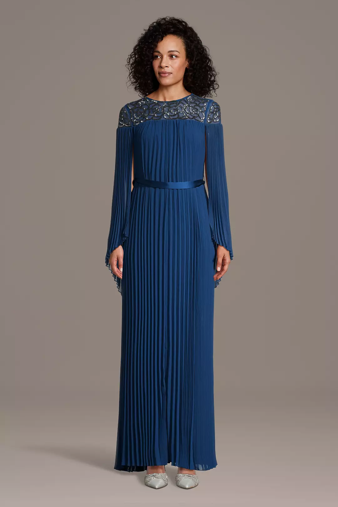 Beaded Neckline Pleated Long-Sleeve A-Line Gown