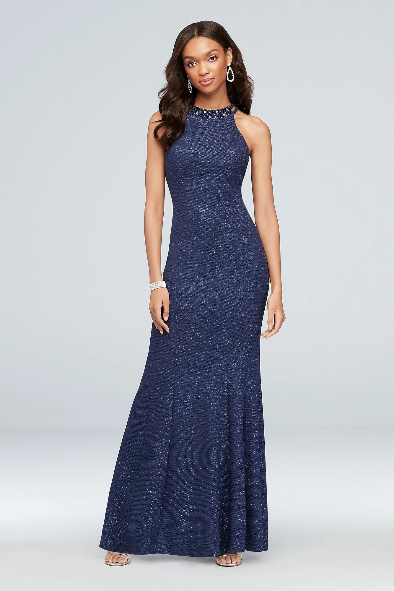 Beaded Neckline Textured Glitter Knit Mermaid Gown - Image 2