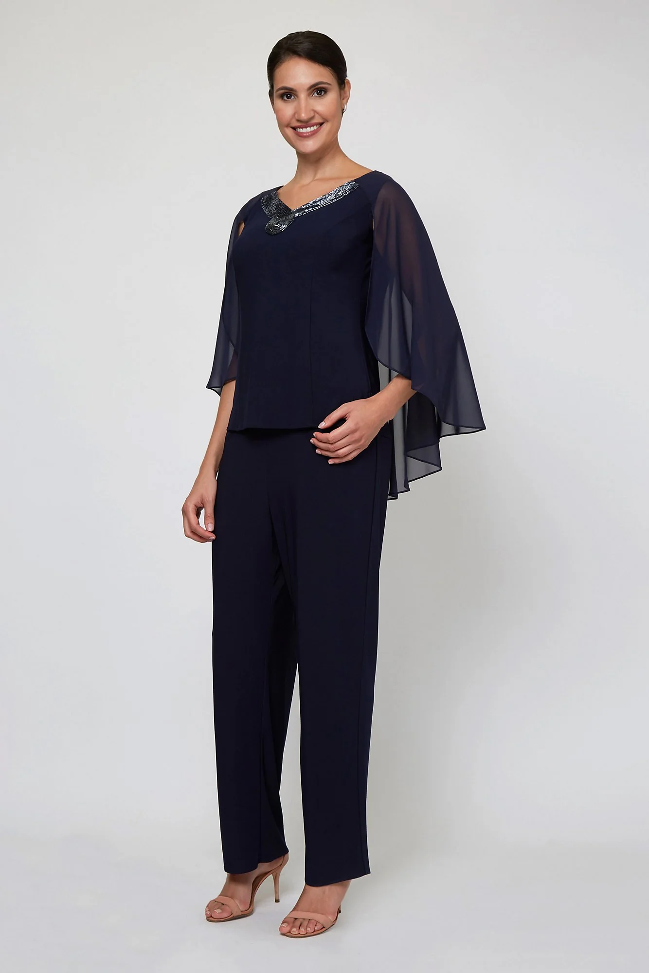 Beaded Neckline Two-Piece Set with Chiffon Capelet - Image 3
