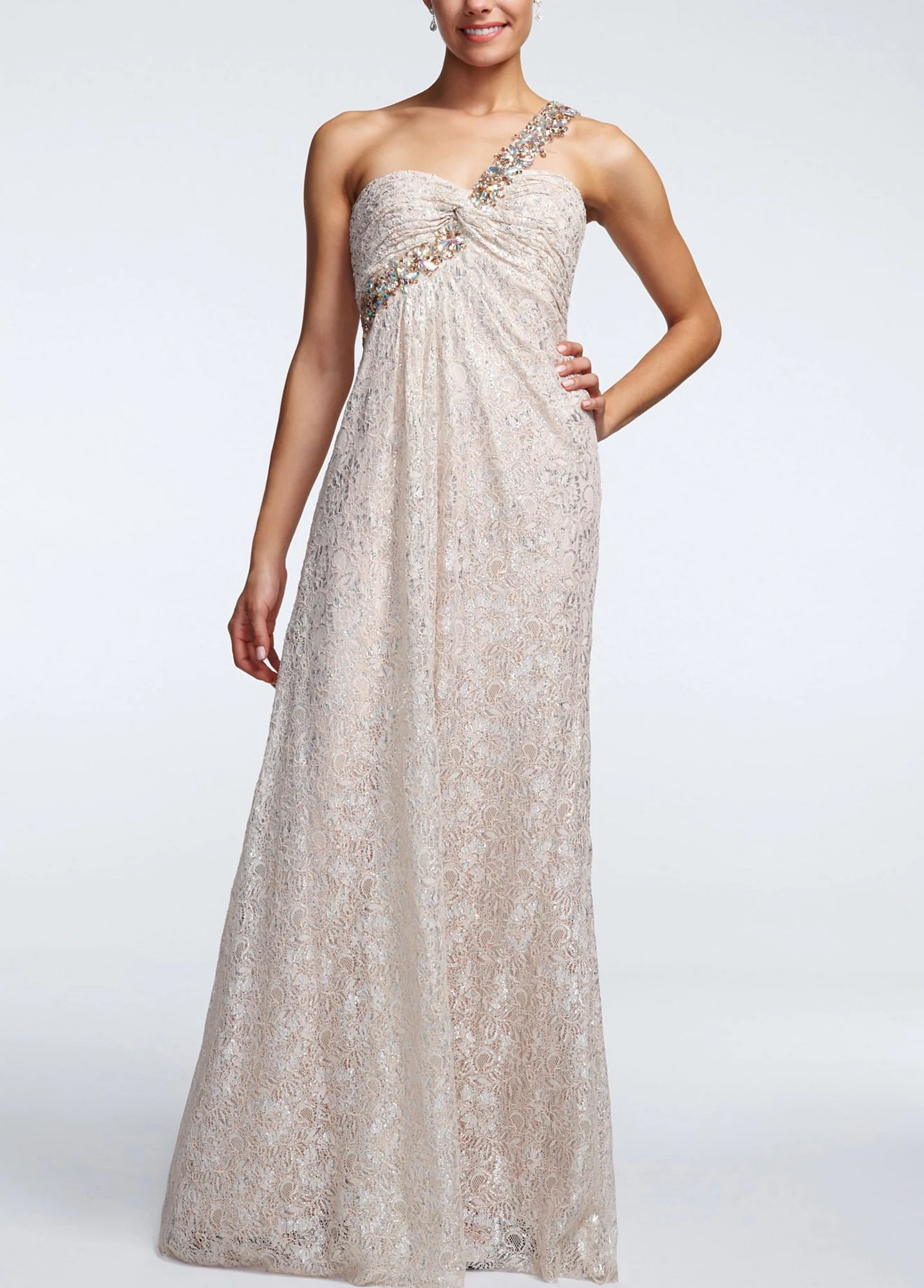 Beaded One Shoulder All Over Lace Dress