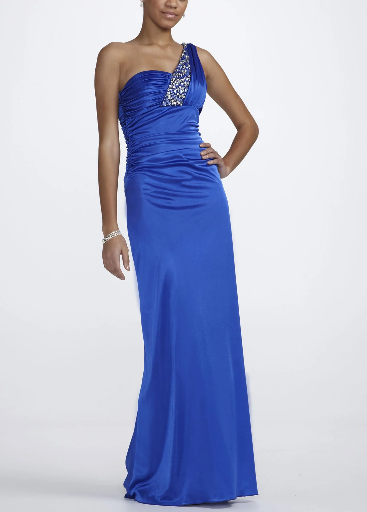 Beaded One Shoulder Silky Knit Gown