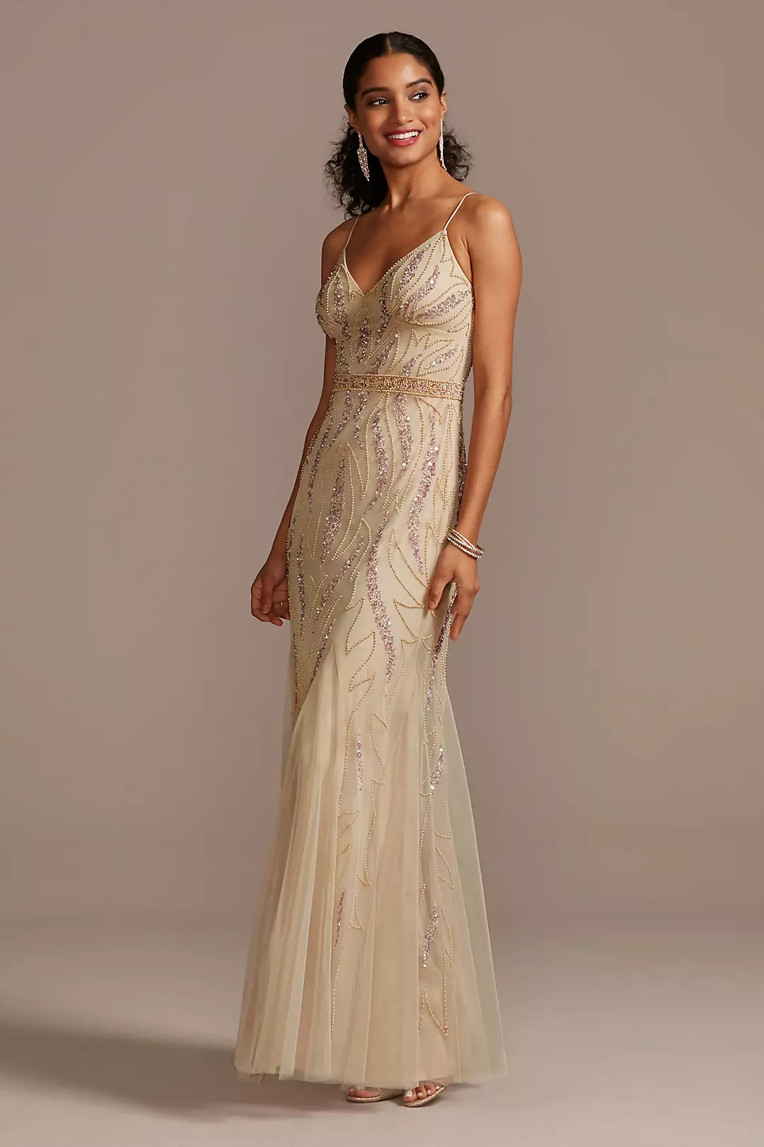 Beaded Overlay V-Neck Gown with Spaghetti Straps - Image 2