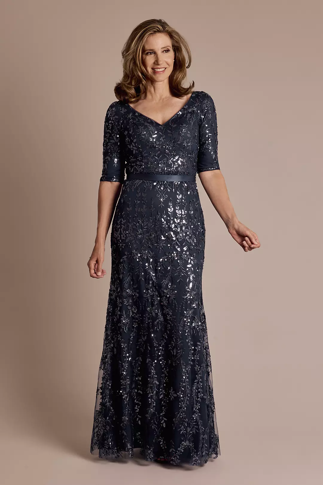 Beaded Sequin Lace Dress with Elbow-Length Sleeves - Image 3