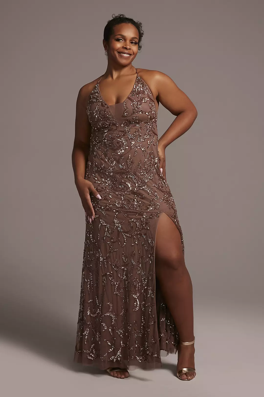 Beaded Sheath Gown with Illusion Cutout - Image 3