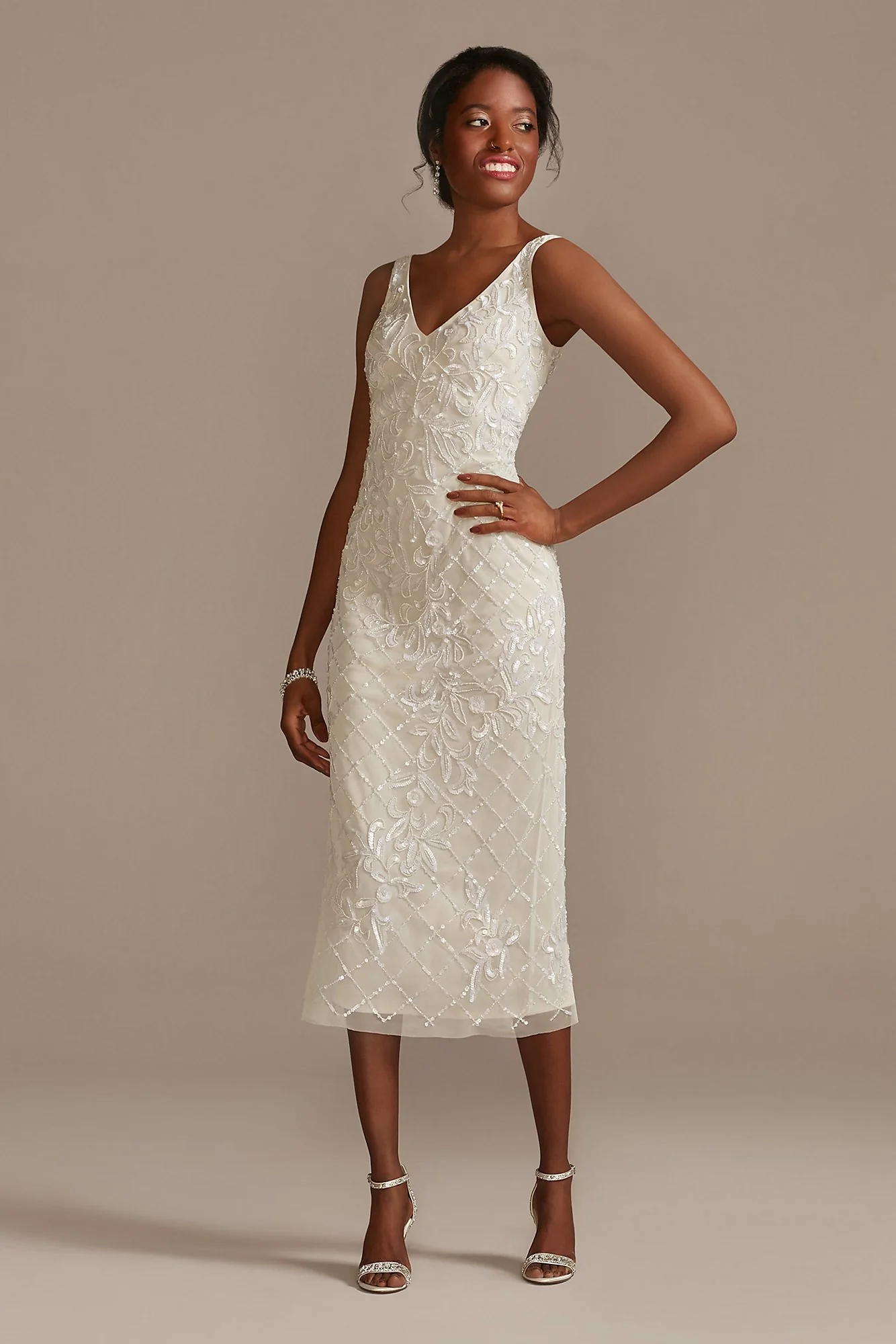 Beaded Sheath V-Neck Midi Dress with Low Back