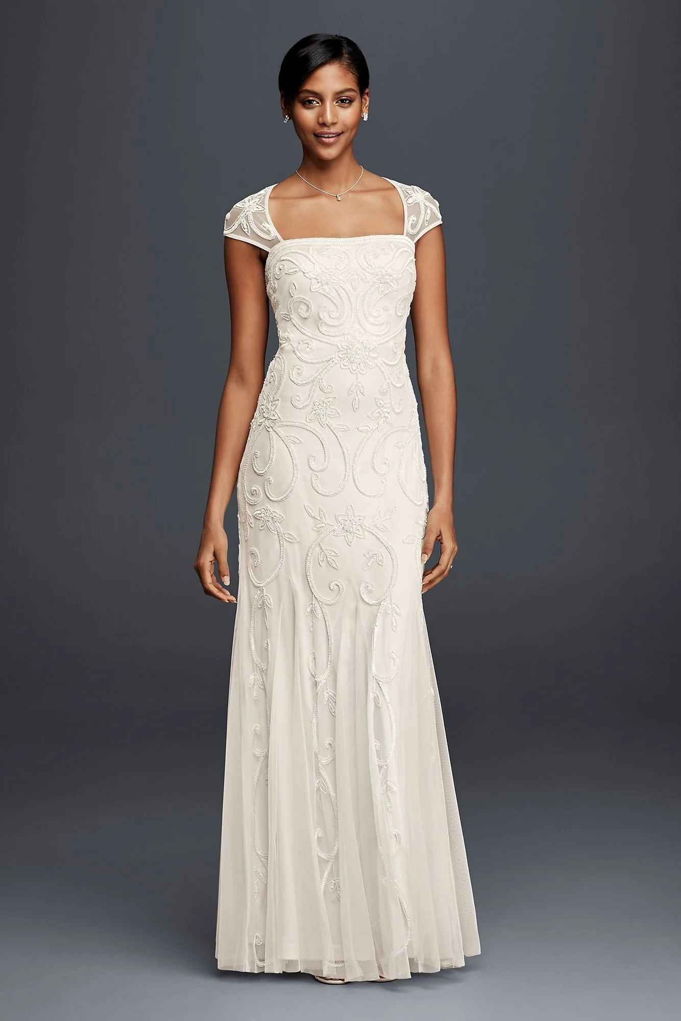Beaded Sheath Wedding Dress with Cap Sleeves - Image 2