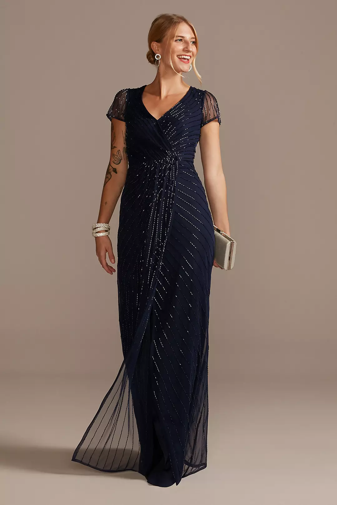 Beaded Short Sleeve V-Neck Dress with Pleats - Image 10
