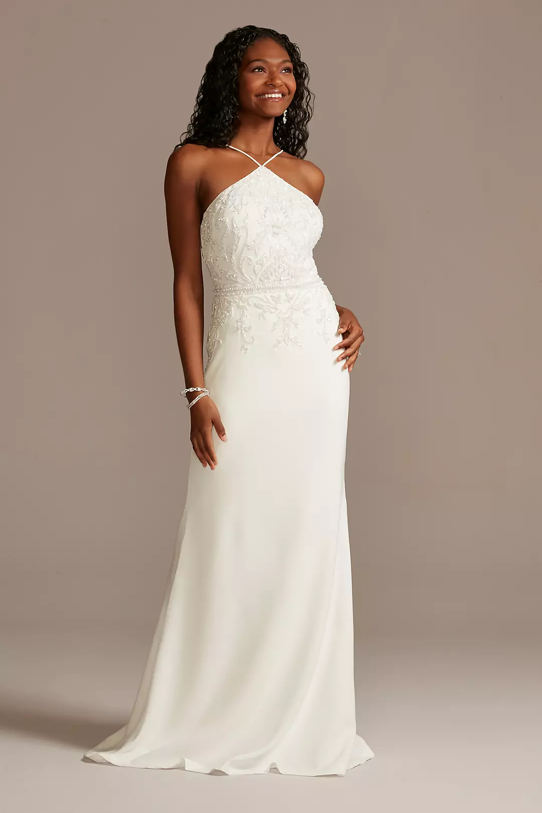 Beaded Stretch Crepe Halter Sheath Wedding Dress - Image 4