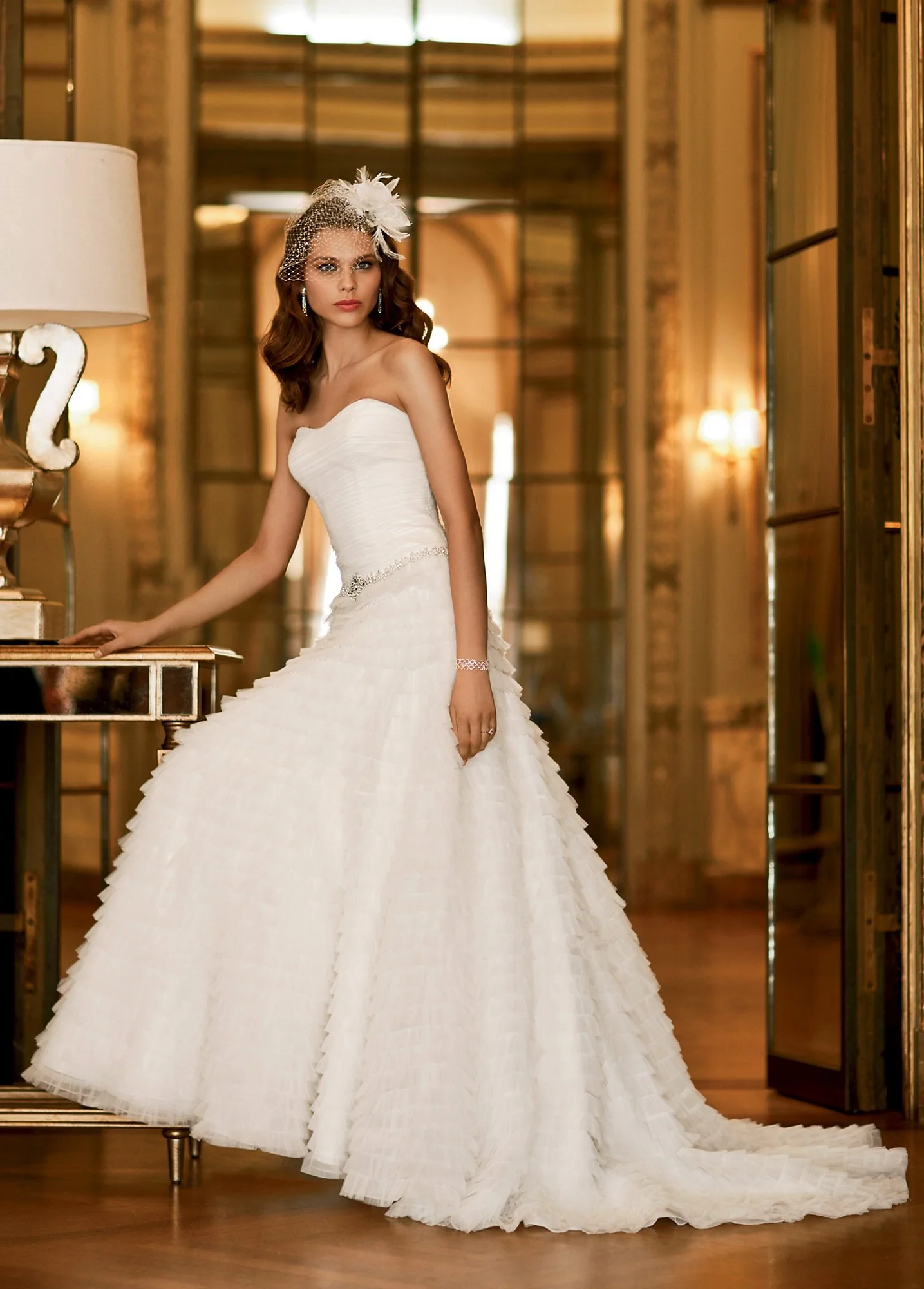 Beaded Tiered Tulle Gown with Sweetheart Neckline