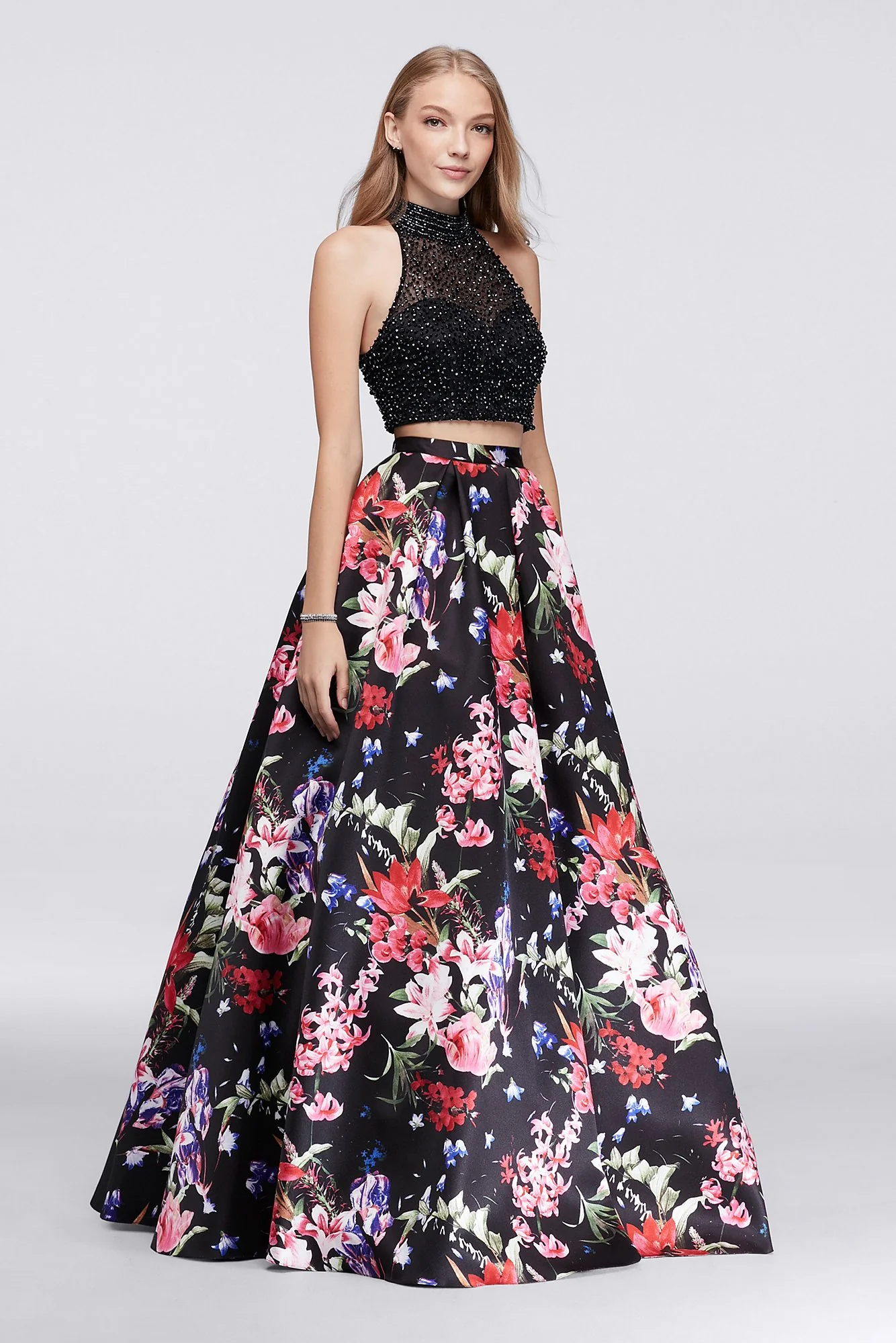 Beaded Top and Printed Ball Gown Skirt Set - Image 2