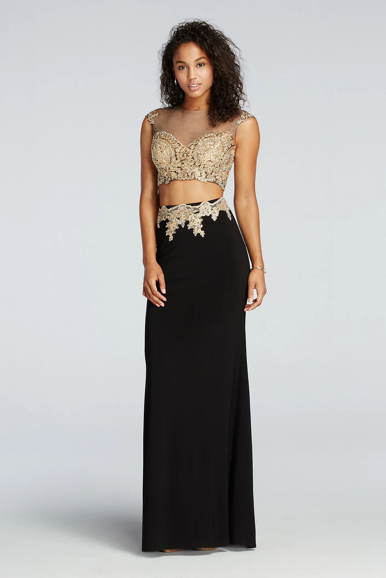 Beaded Two Piece Illusion Prom Crop Top and Skirt - Image 2