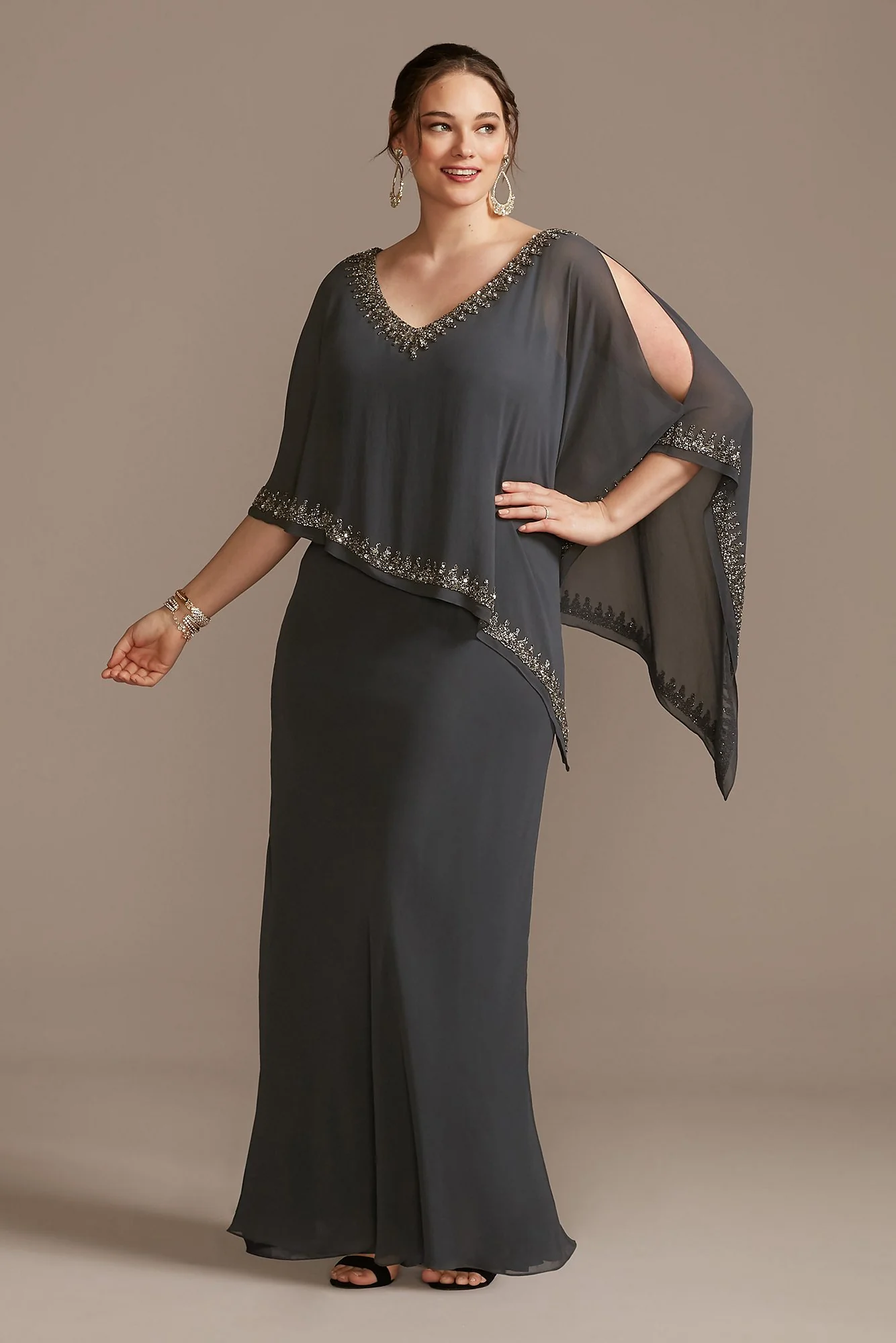 Beaded V-Neck Chiffon Capelet Sheath Dress - Image 3