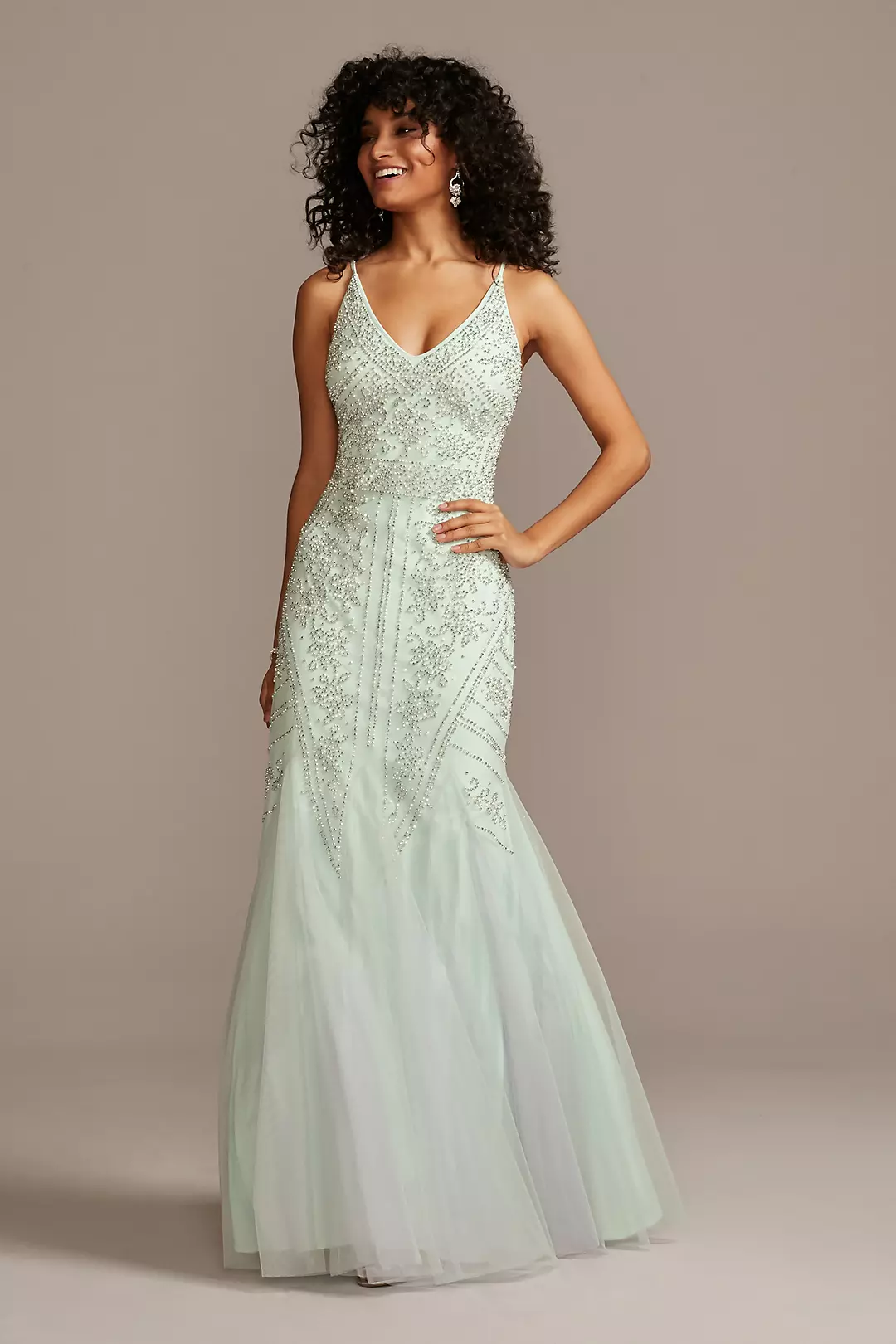 Beaded V-Neck Mermaid Gown with Tulle Godets - Image 3