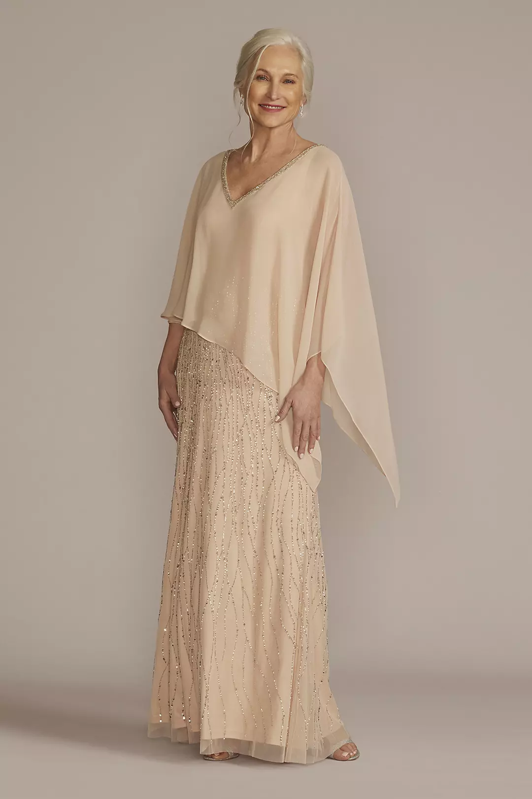 Beaded V-Neck Sheath Gown with Chiffon Capelet - Image 12