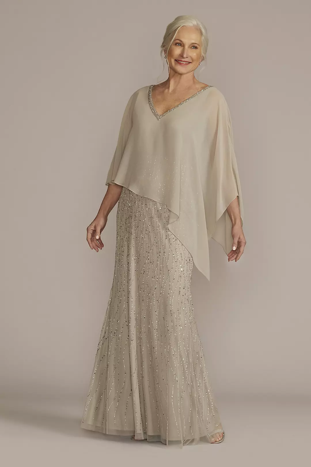 Beaded V-Neck Sheath Gown with Chiffon Capelet - Image 18