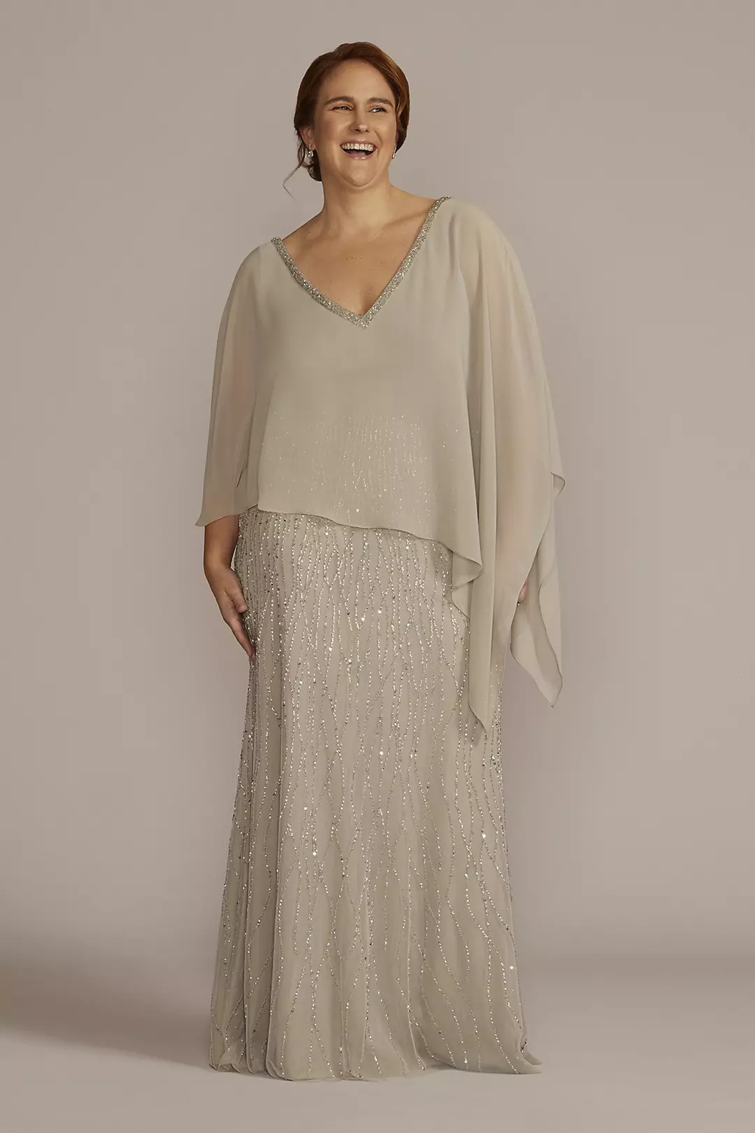 Beaded V-Neck Sheath Gown with Chiffon Capelet - Image 21