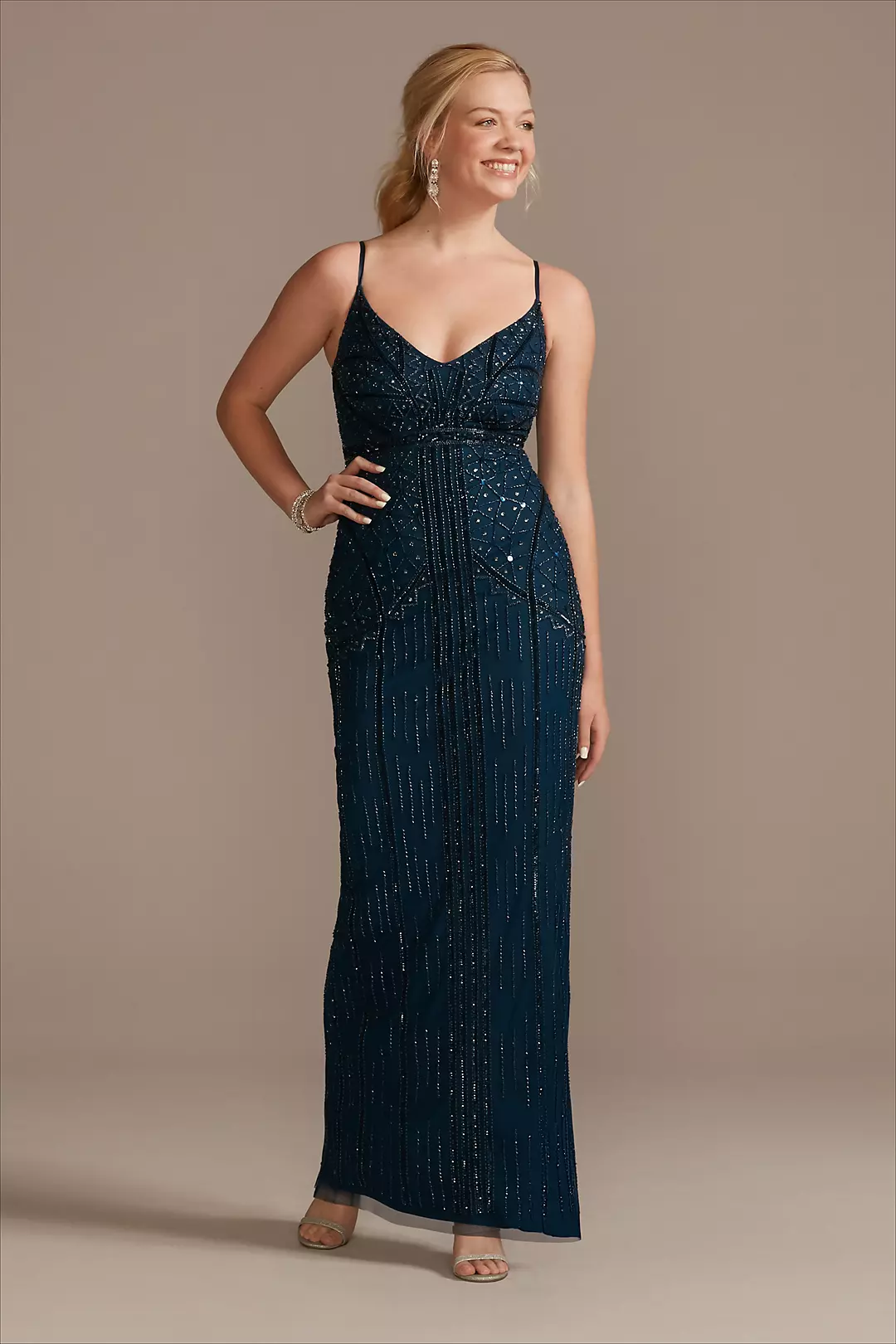 Beaded V-Neck Spaghetti Strap Mesh Sheath Dress - Image 13