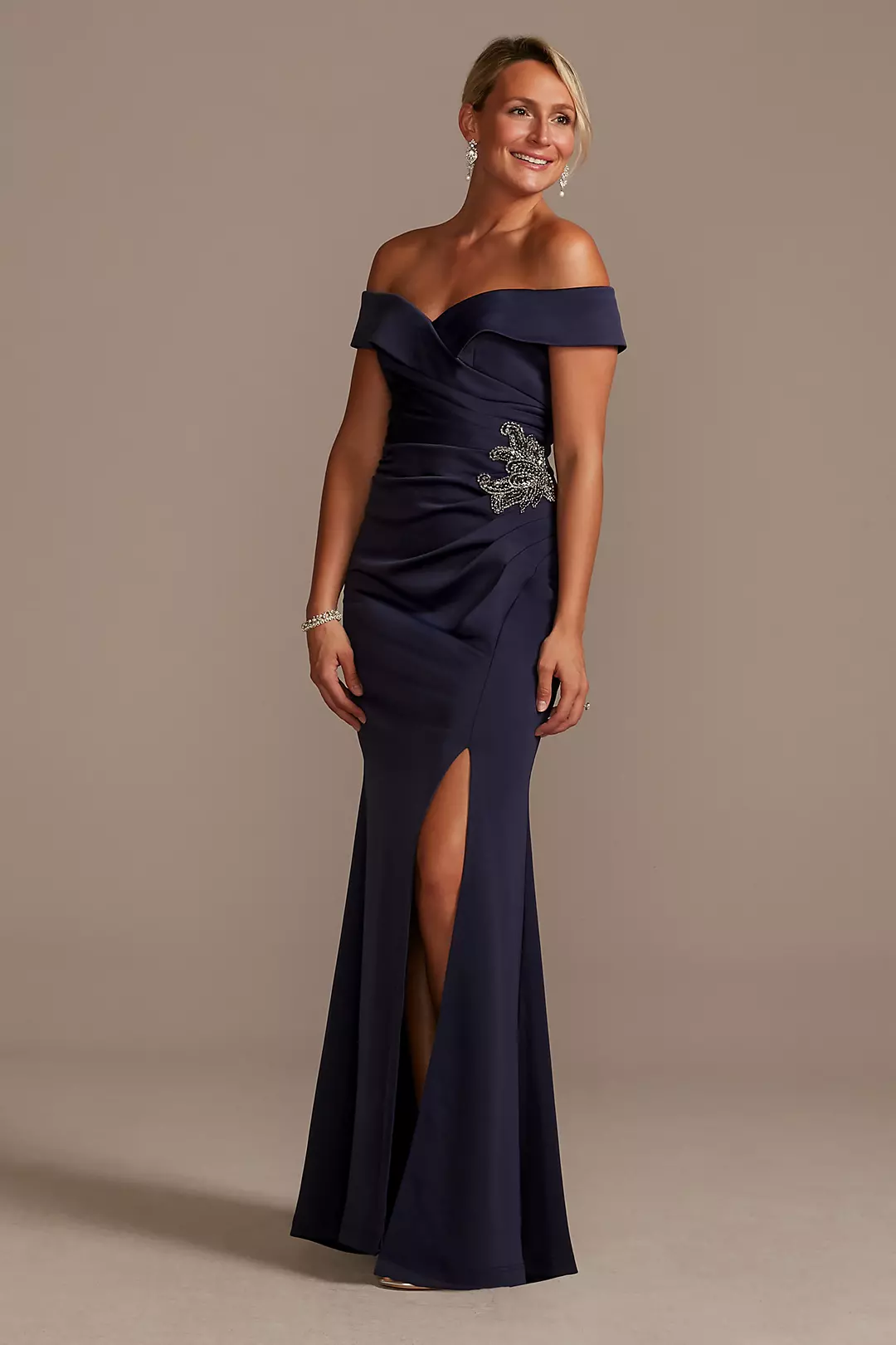Beaded Waist Crepe Off-the-Shoulder Sheath Gown - Image 4