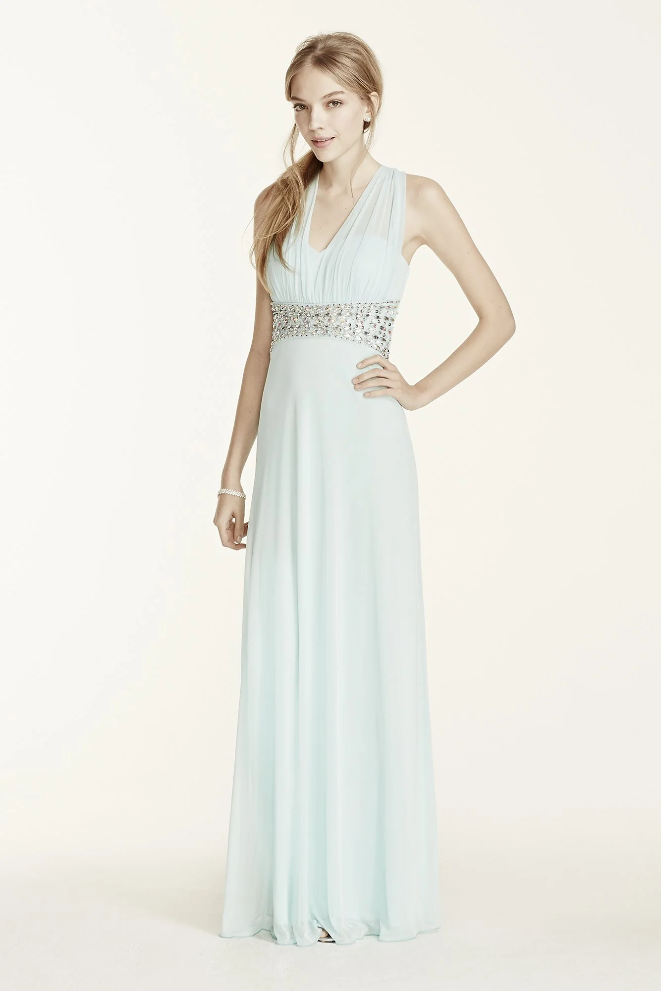 Beaded Waist Open Back Halter Jersey Dress