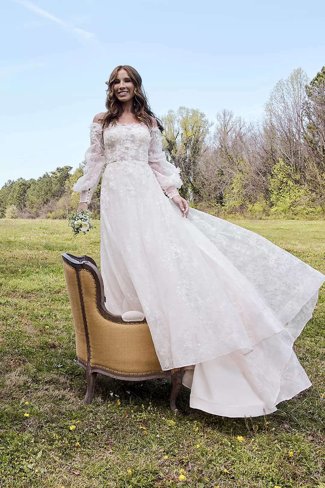 Billowy Long Sleeve Off-the-Shoulder Wedding Dress - Image 22