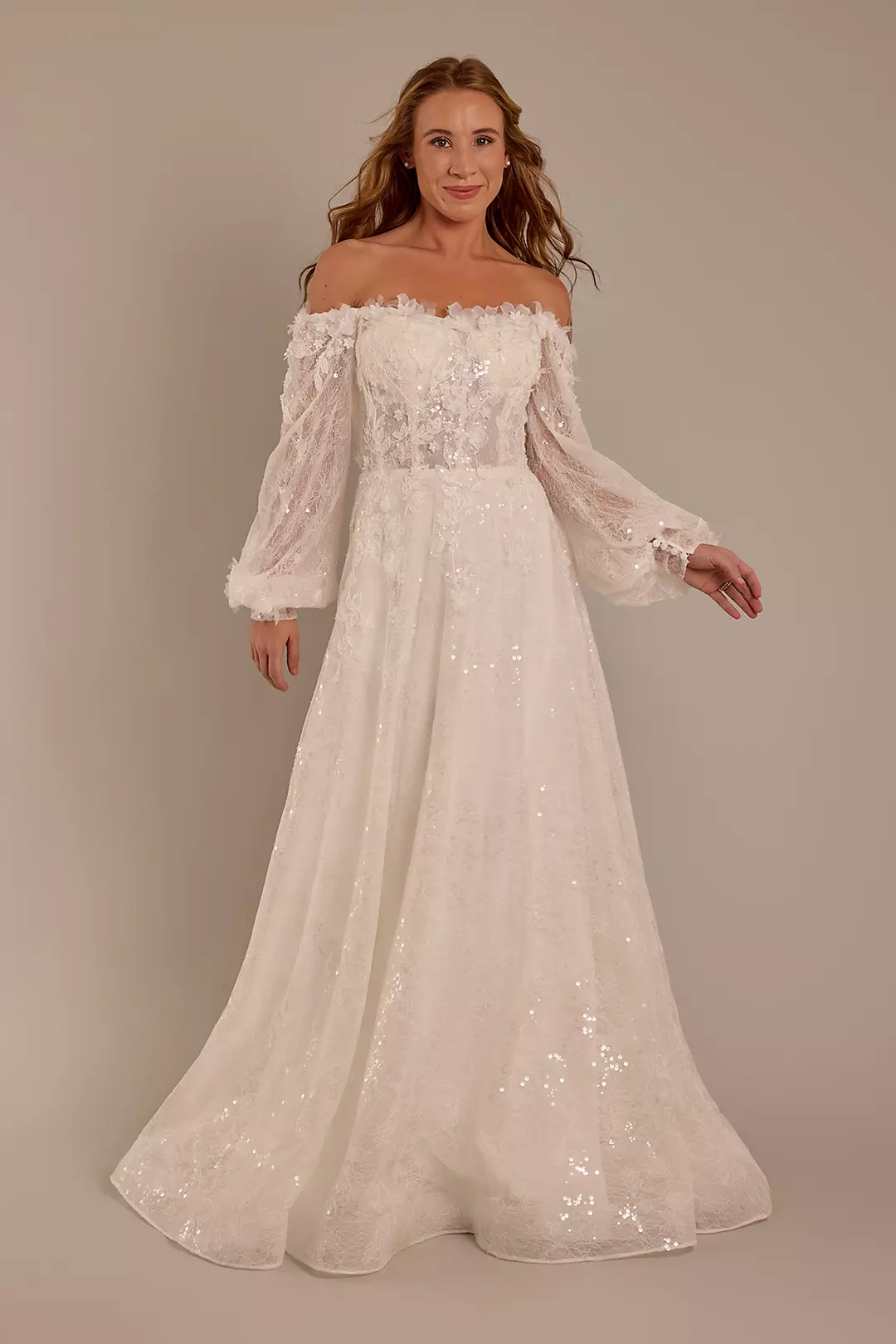 Billowy Long Sleeve Off-the-Shoulder Wedding Dress - Image 3