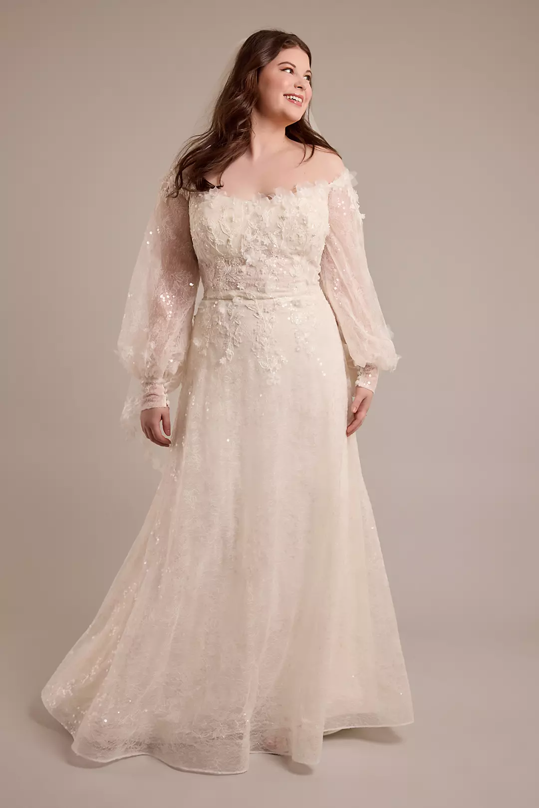 Billowy Long Sleeve Off-the-Shoulder Wedding Dress - Image 5