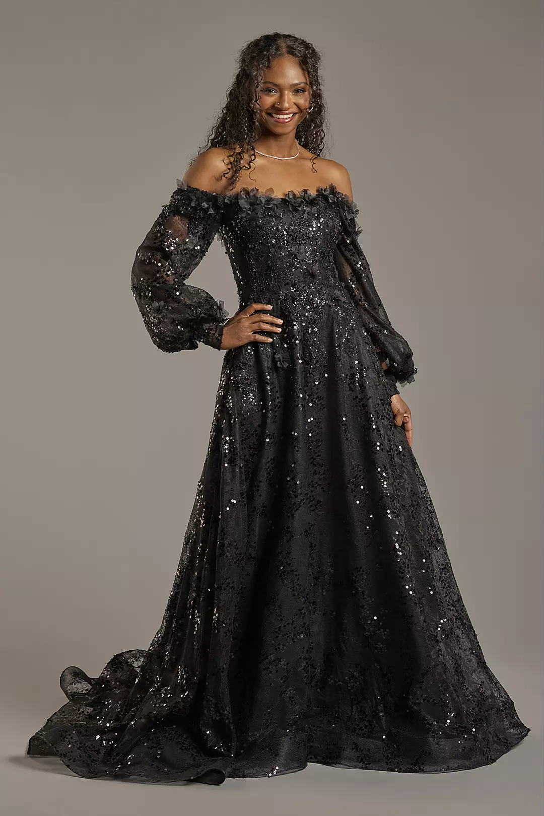 Billowy Long Sleeve Off-the-Shoulder Wedding Dress - Image 7