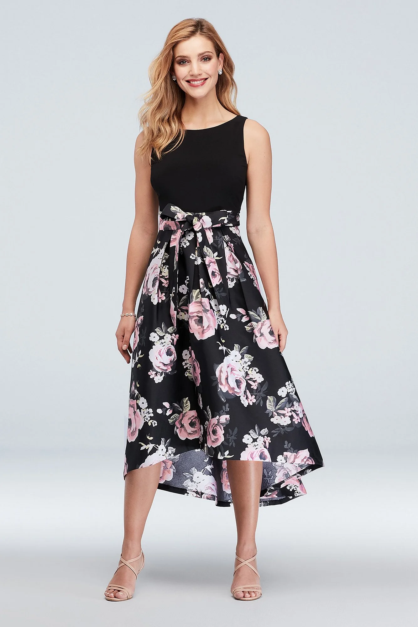 Boat Neck Floral High-Low Ball Gown with Bow