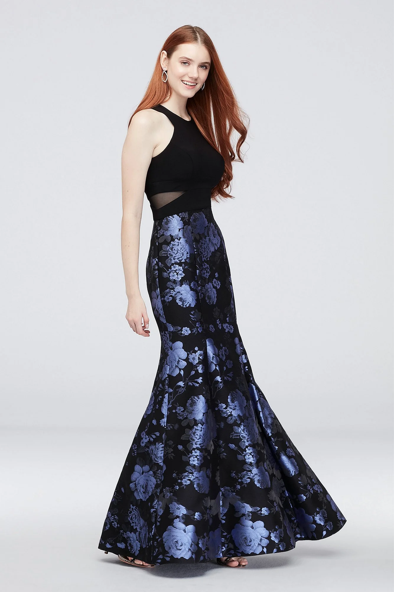 Brocade Mermaid Gown with Mesh Panels - Image 2