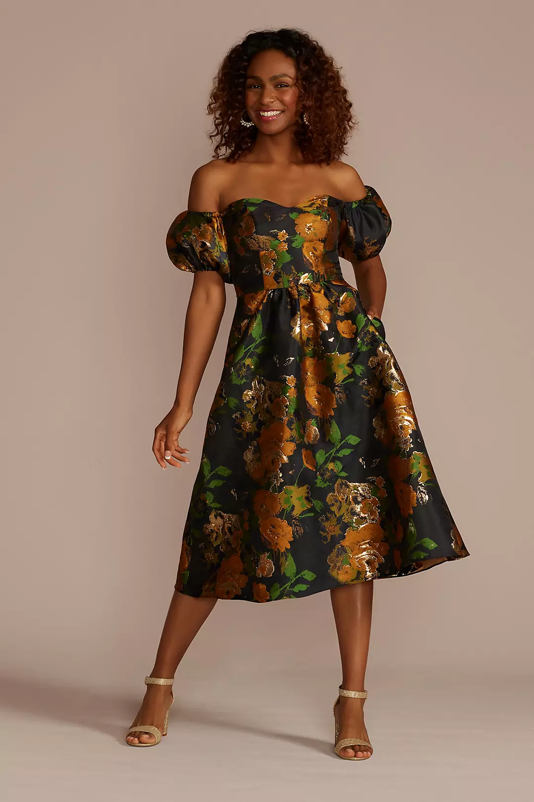 Brocade Off-the-Shoulder Puff Sleeve A-Line - Image 2