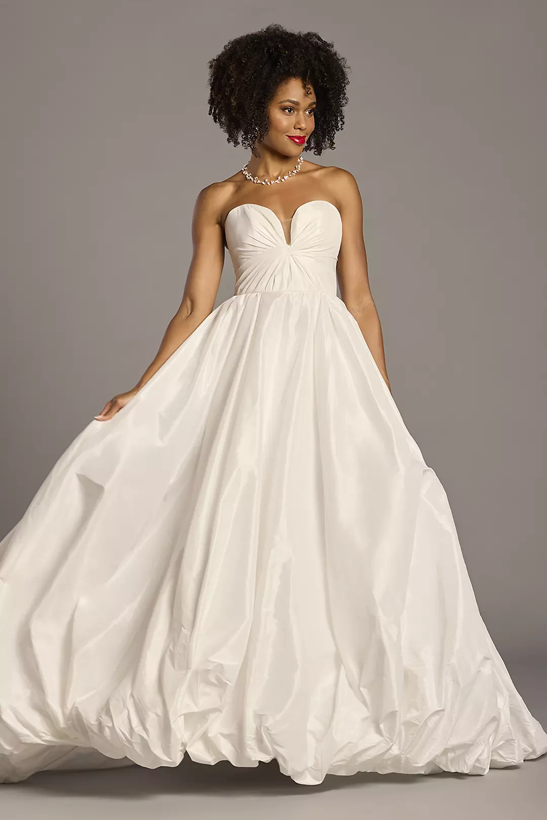 Bubble Hem Taffeta Ball Gown with Plunge Neckline