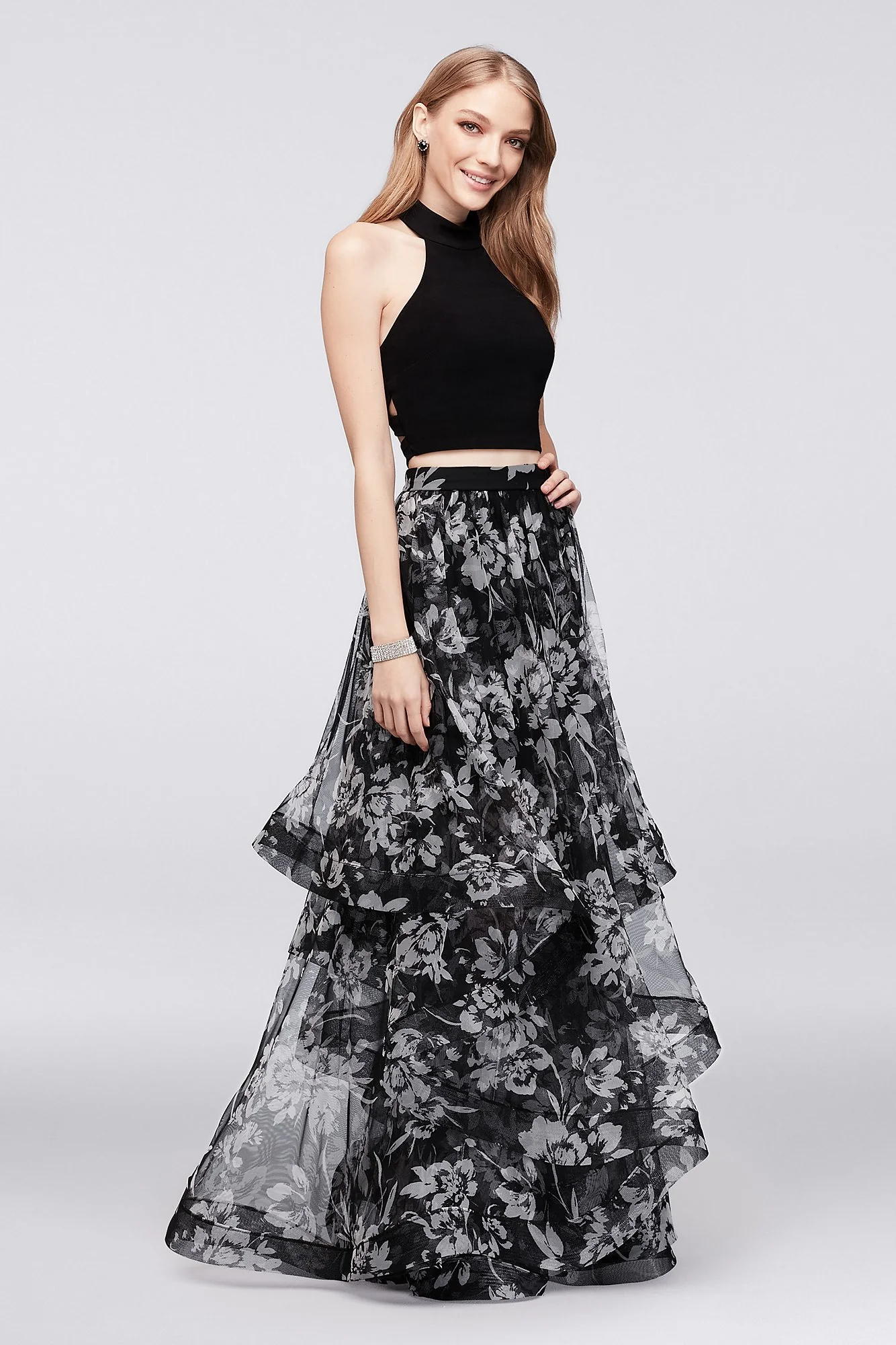 Caged Top and Tiered Mesh Skirt Two-Piece Dress - Image 2