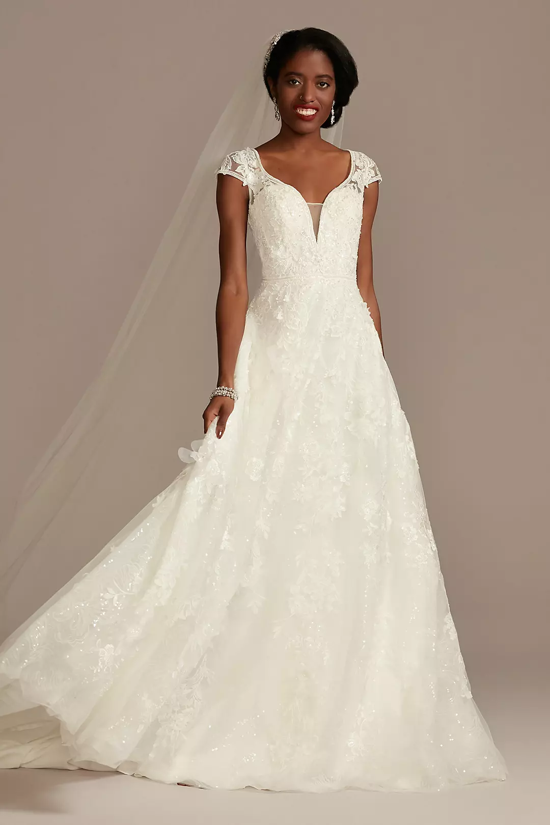 Cap Sleeve 3D Floral Lace Open Back Wedding Dress - Image 14