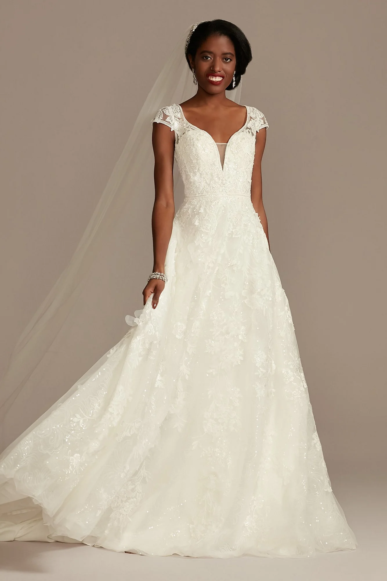Cap Sleeve 3D Floral Lace Open Back Wedding Dress - Image 3