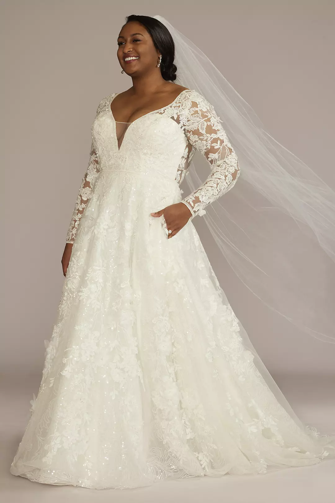 Cap Sleeve 3D Floral Lace Open Back Wedding Dress - Image 34