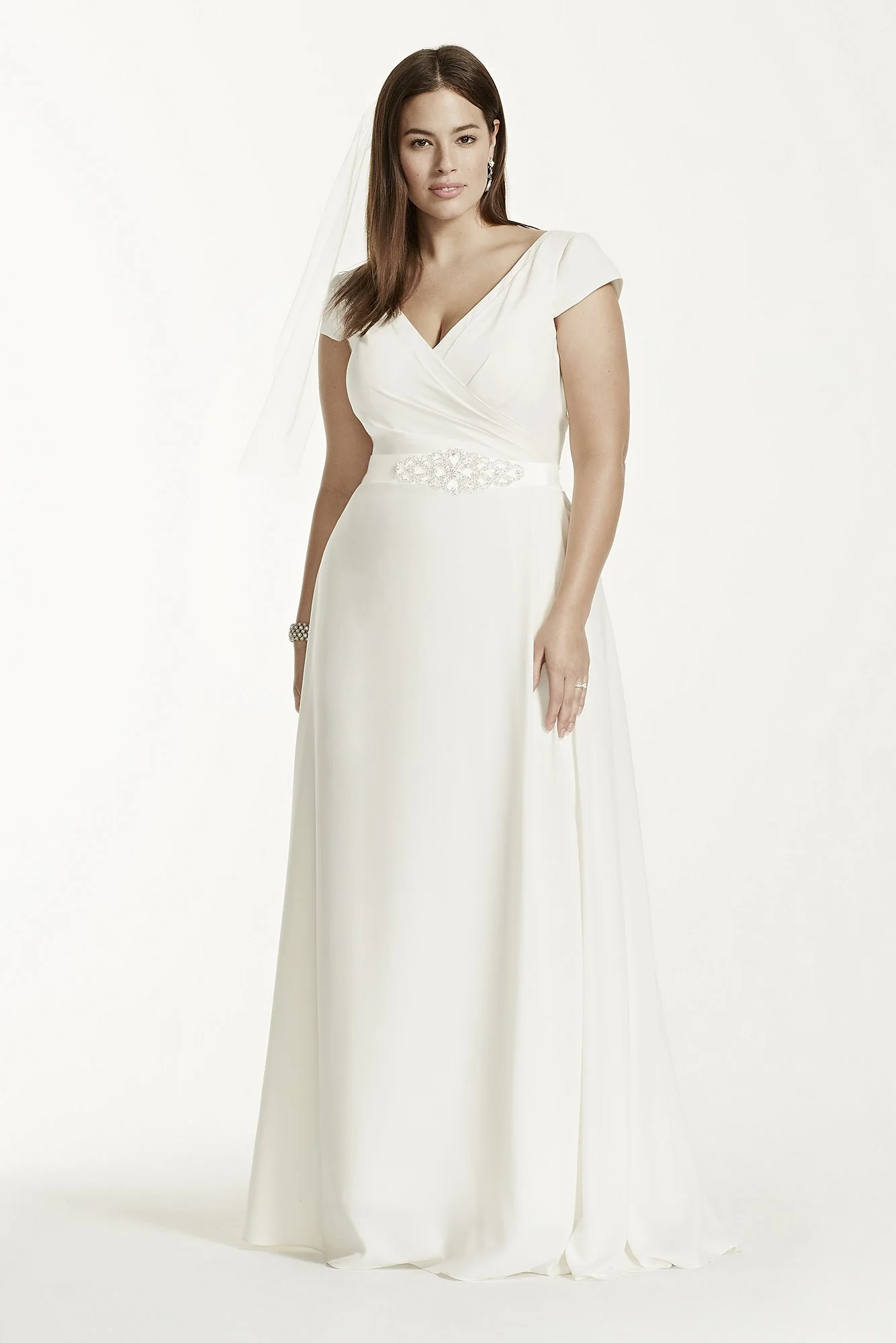 Cap Sleeve Crepe A-Line Gown with Beaded Sash - Image 2