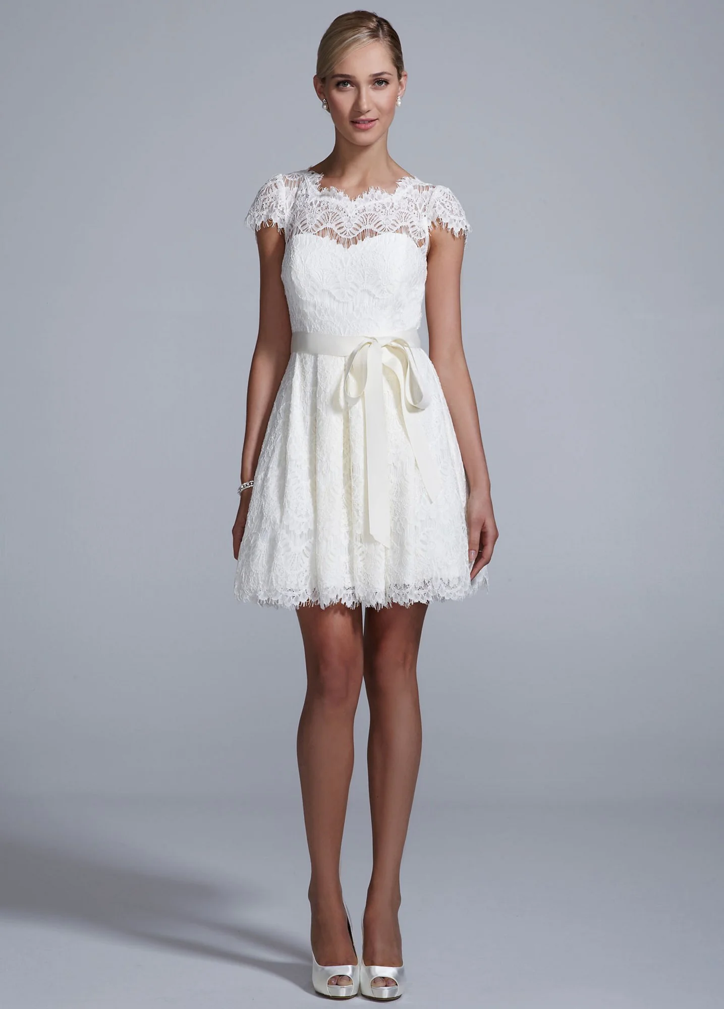Cap Sleeve All Over Lace Dress with Ribbon