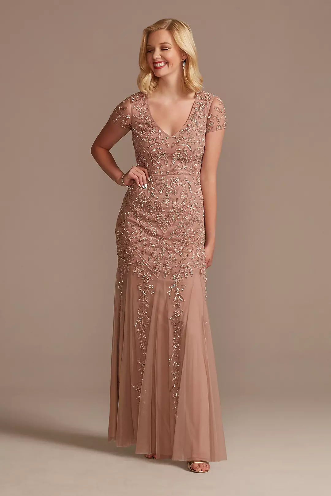Cap Sleeve Beaded Sheath Dress with Tulle Godets - Image 9