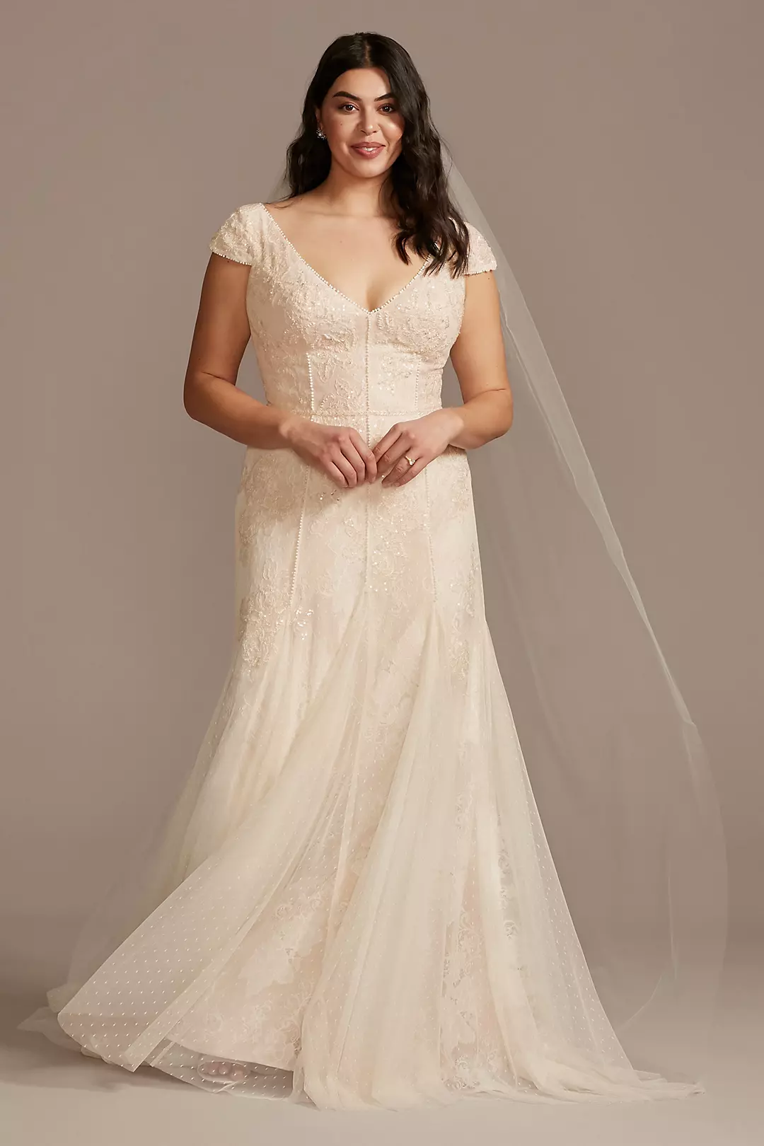 Cap Sleeve Dot Trim Point D'Esprit Wedding Dress - Image 15