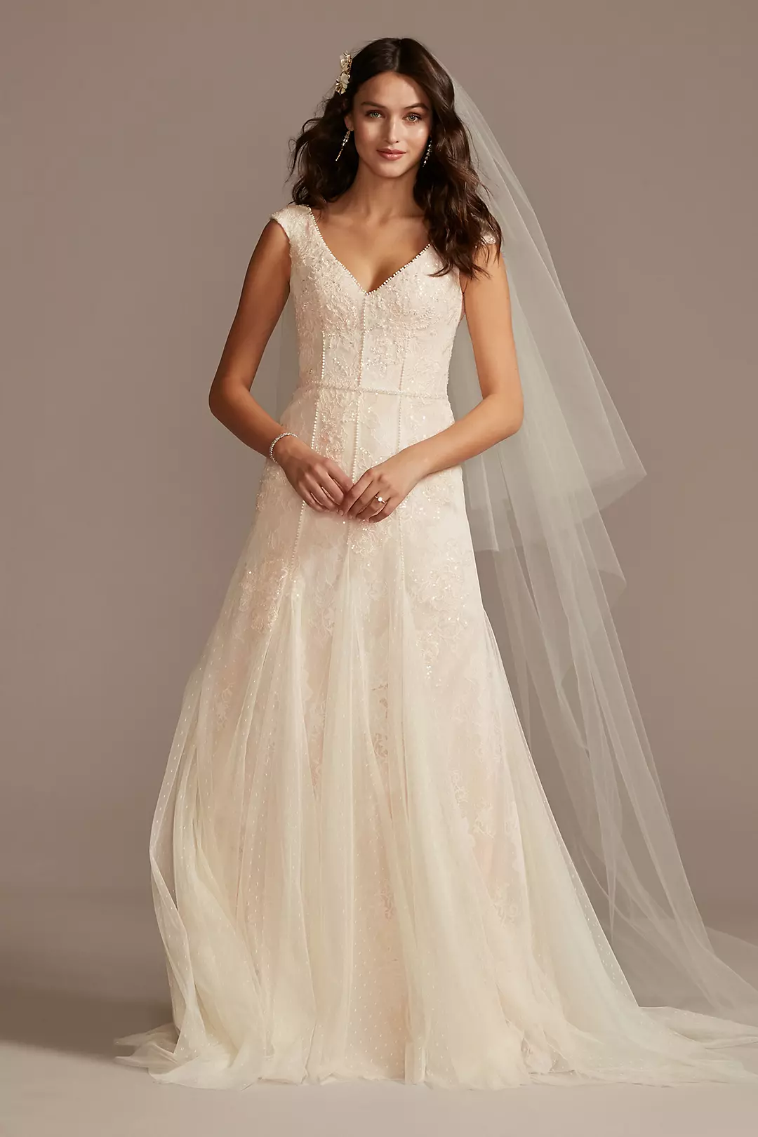 Cap Sleeve Dot Trim Point D'Esprit Wedding Dress - Image 24