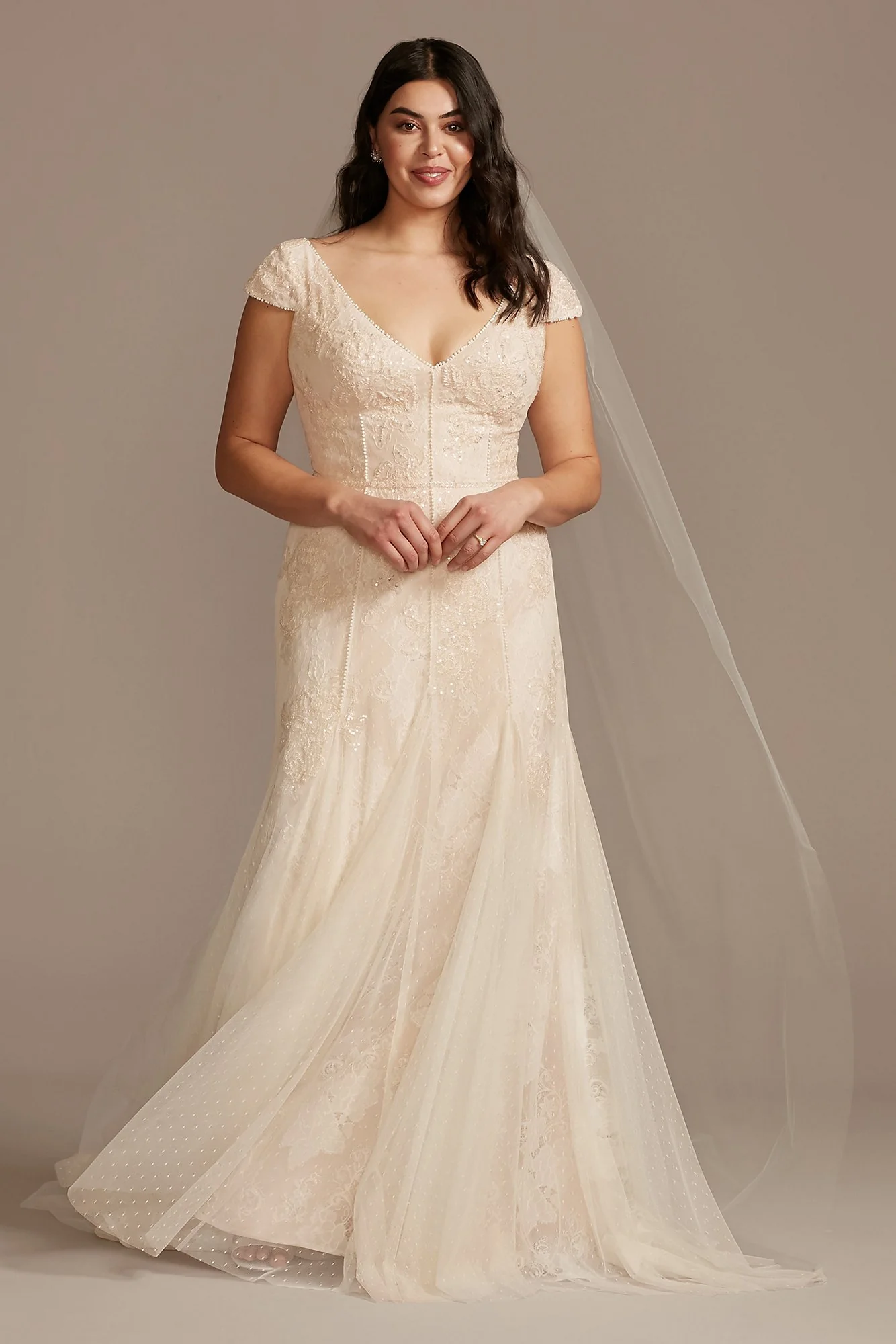 Cap Sleeve Dot Trim Point D'Esprit Wedding Dress - Image 3
